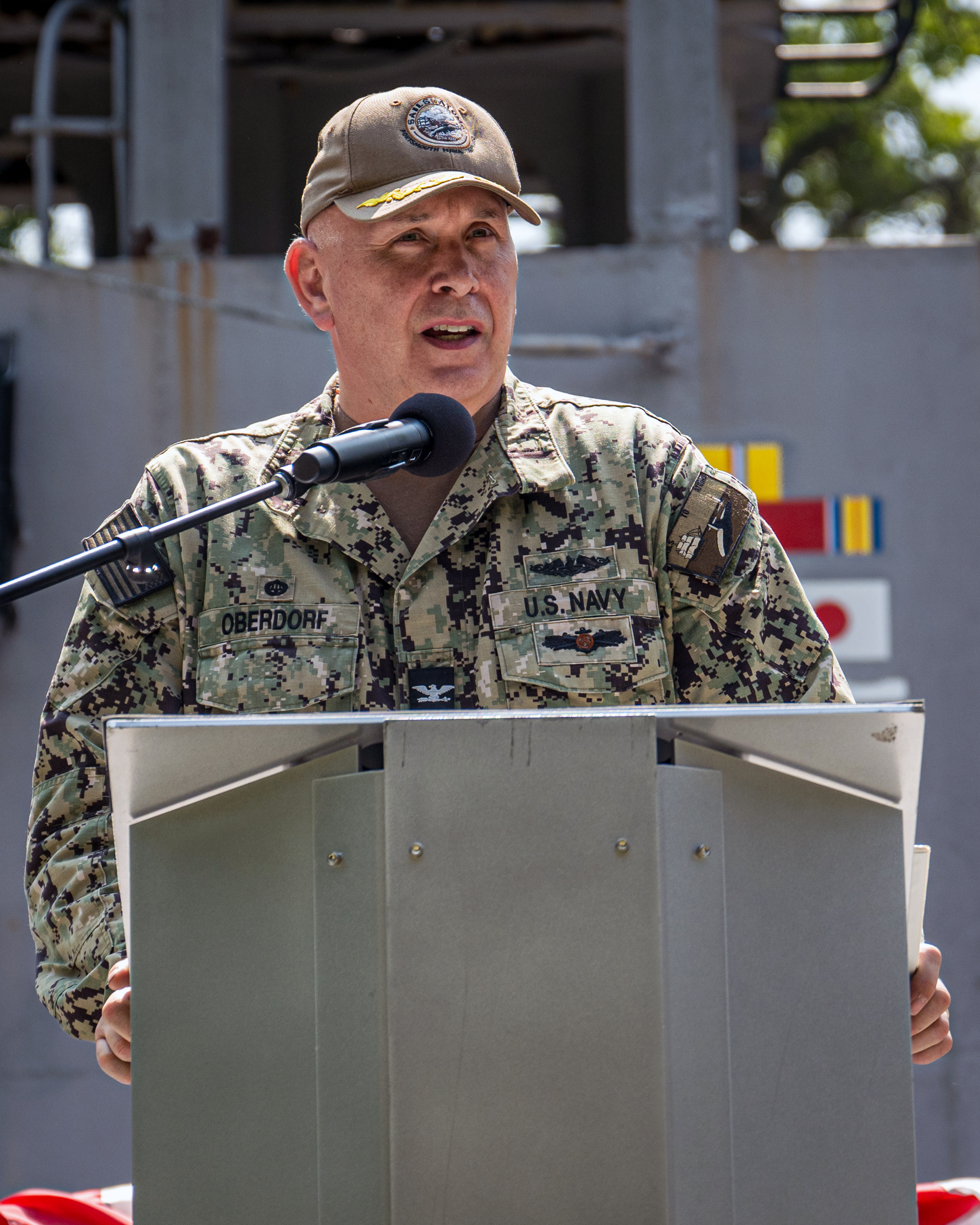 Capt. Wainwright speaks at the Officer-In-Charge of Construction Change of Command ceremony